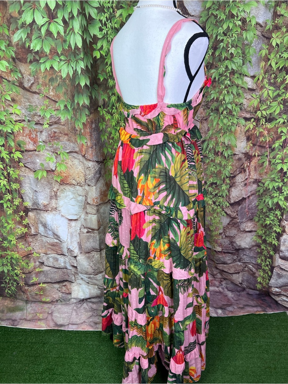 FARM RIO Pink Cocoa Forest Botanical Resortwear Tiered Maxi Dress, L - Picture 8 of 13
